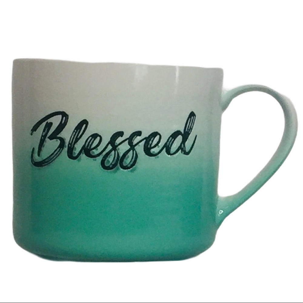 Nicole's Kitchen Ceramic Mug 'Blessed' Teal and White 16 oz.